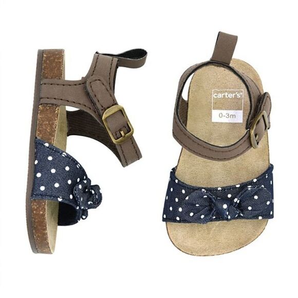 Carter's Little Baby Girl Shoes Sandals Polka Dot Blue White Brown New Size 9-12 - Picture 3 of 4